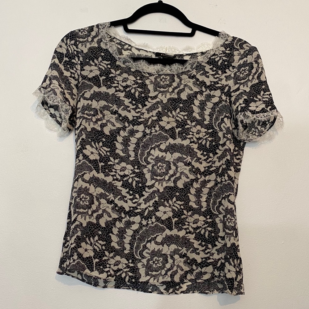 ESCADA silk floral lace trim blouse Size Small
